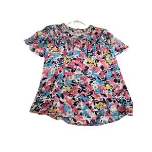 JUICY COUTURE Floral Blouse Small Chiffon Ruffle  Beaded Neck Colorful Bling